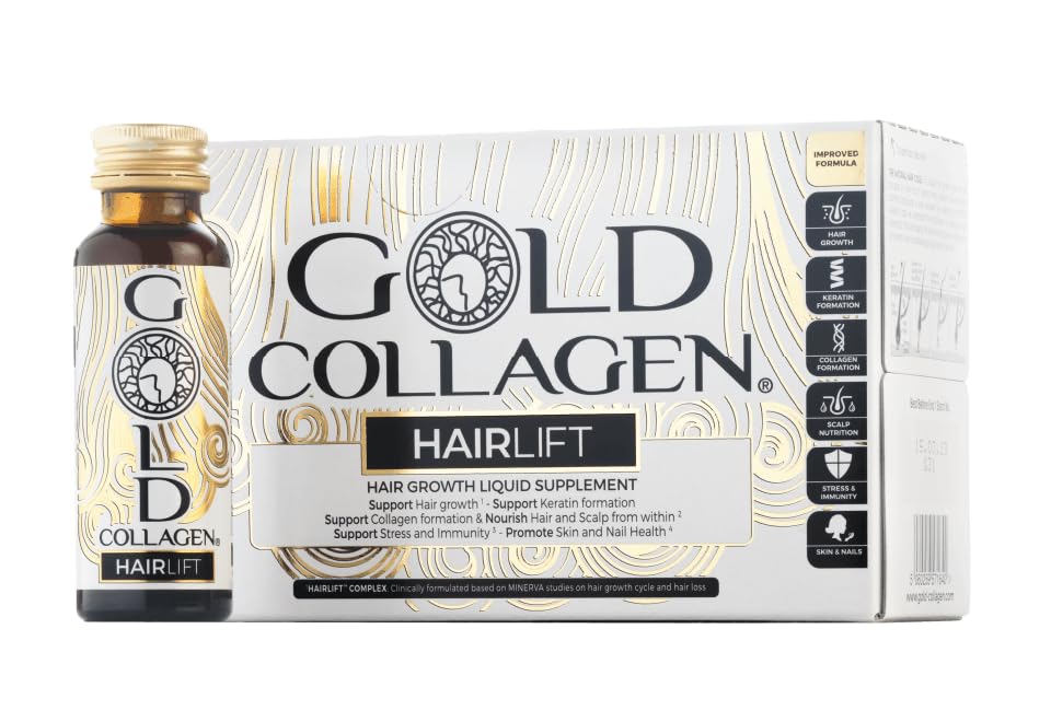 GOLD COLLAGEN Hairlift - Biotin Hair Growth Marine Collagen Supplements for Women & Men with Vitamin C and B6, Hyaluronic Acid, Zinc and Keratin Hair Treatment, Skin and Nails, 10 Bottles 50 ml Each