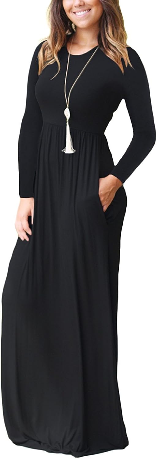 AUSELILY Women Long Sleeve Loose Plain Plus Size Maxi Dresses Casual Long Dresses with Pockets: Clothing
