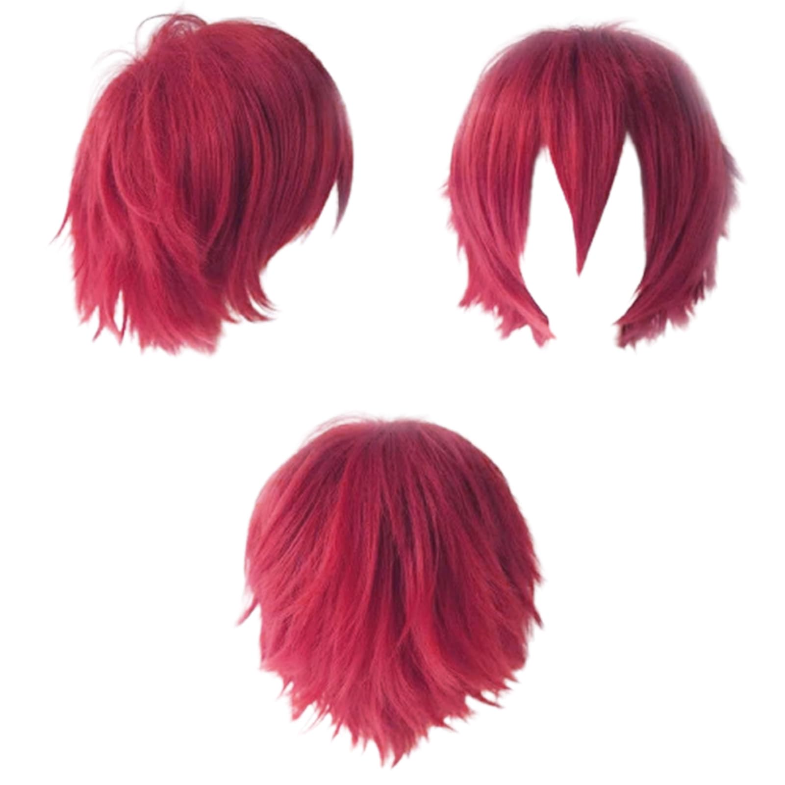 Cybelleza Anime Cosplay Wig Short Red Wigs for Women / Men Synthetic Curly Straight Fancy Dress Wig Layered Fluffy Halloween Costume Party Carnival Wig with Free Cap, Dark Red