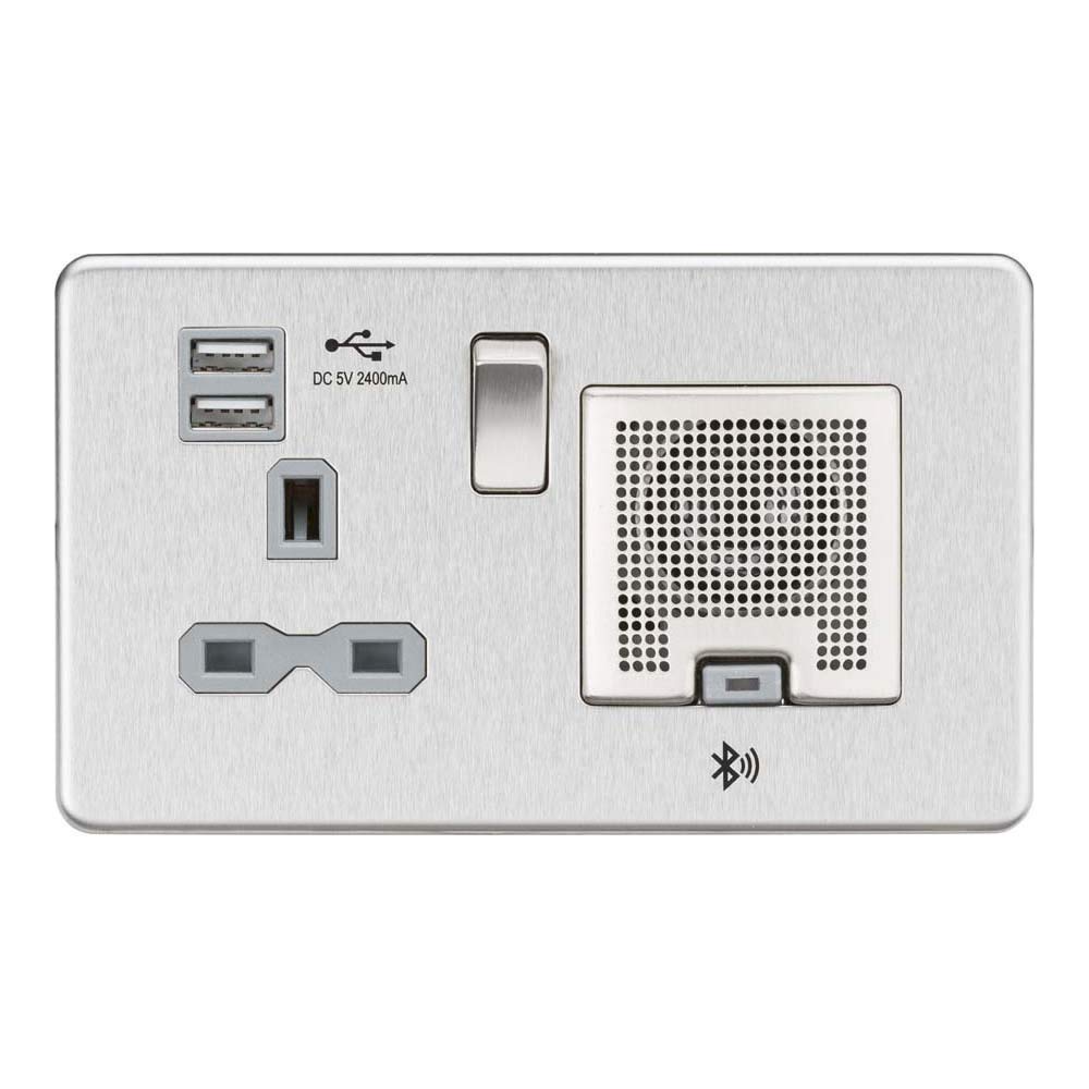 Knightsbridge SFR9905BCG Screwless Socket with 2.4 A USB Chargers and Bluetooth Speaker, Brushed Chrome with Grey Insert, 13 A