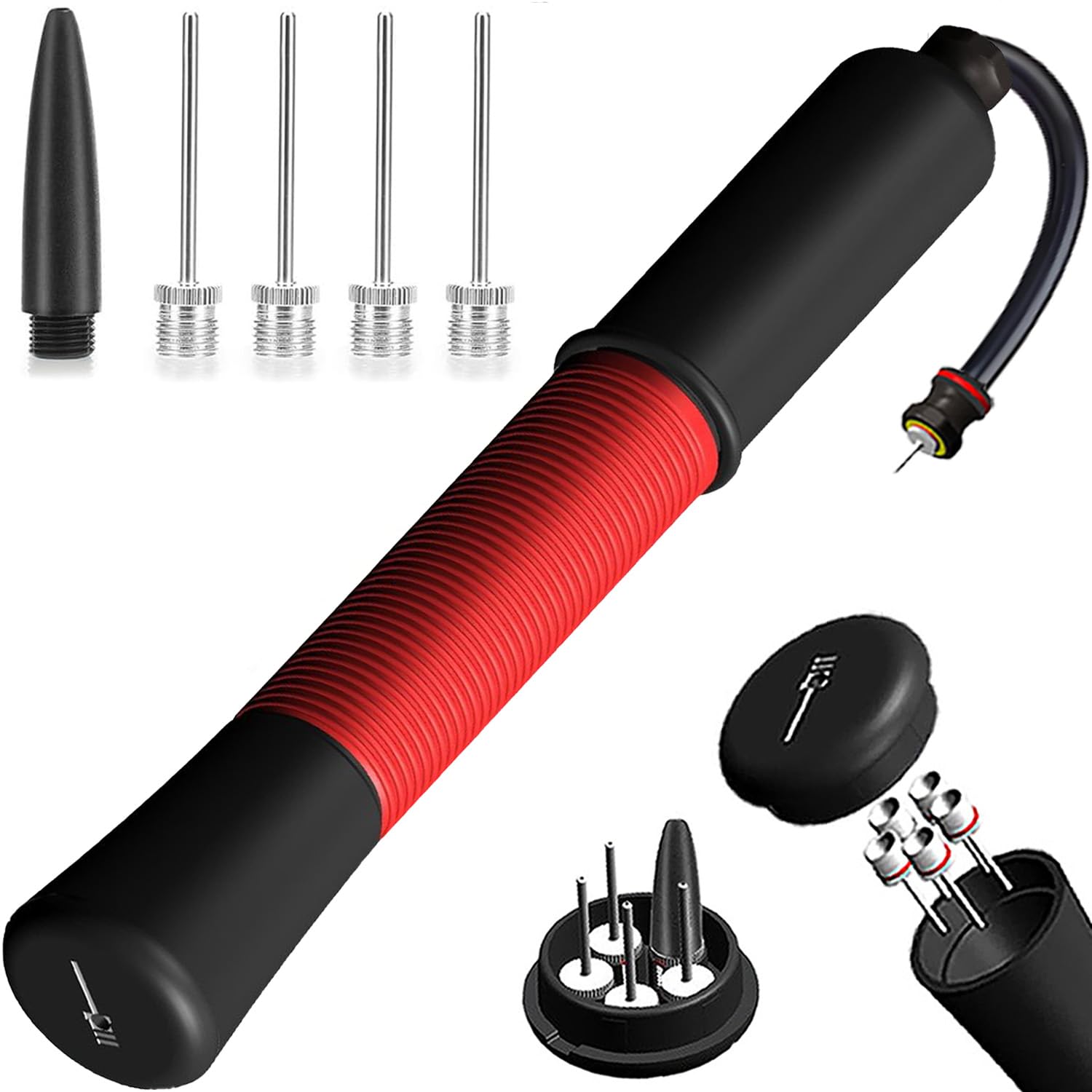 Ball Pump with Needle Storage(Never Lose Pin) Football Pump with 5 Needles and Extendable Cable, Soccer Football, Volleyball Rugby Ball Inflator - Great for All Balls - 1 Pack