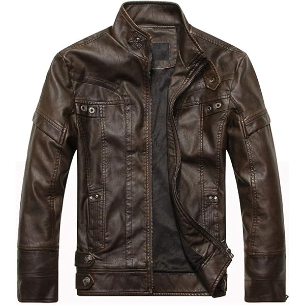 chouyatou Men's Vintage Stand Collar Pu Leather Jacket (Small