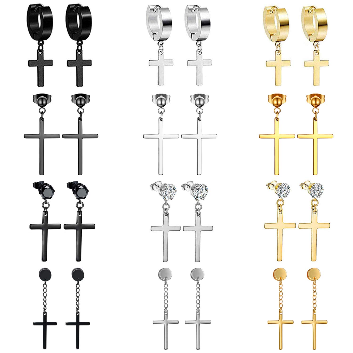 Cupimatch 12 Pairs Stainless Steel Cross Dangle Huggie Hinged Hoop Earrings Set, Unisex Ear Piercing CZ Stud Earrings for Men Women Silver Gold Black