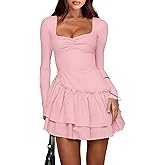 HYPERFIRE Women's Elegant Sweetheart Neck Long Sleeve Mini Dress Flowy Swing Shift Dresses Club