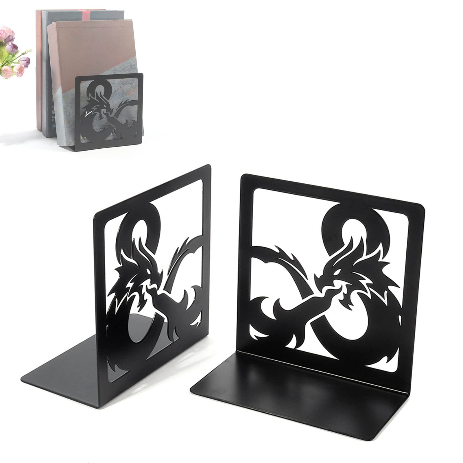 Dragon Design Bookends, Black Metal Book Ends Bookshelves, Heavy Duty Books Stand for Books/CDs, Decorative Book Shelf for Home