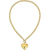 Chunky Gold Necklace for Women - 18K Gold Plated Statement Chunky Heart Pearl Pendant Necklace, Non Tarnish Stainless Steel Statement Charm Cuban Chain Necklaces, Trendy Jewelry Christmas Birthday Gift for Her