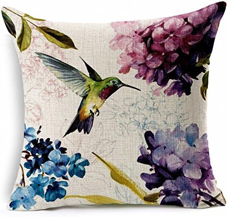 E-sunshine® Cotton Blend Linen Square Throw Pillow Cover Decorative Cushion Case Pillow Case 18 X 18 Inches / 45 X 45 Cm, Hummingbird and Flower (002)