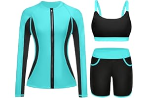 Women 3 Piece Rash Guard - Long Sleeve Swimsuit Built in Bra Swim Shirt Zip Bathing Suit with Pocket Shorts