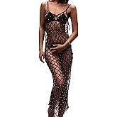 Ypser Women's Fishnet Cover Up Dress Rhinestone Long Maxi Dress Beach Crochet Bikini Coverup