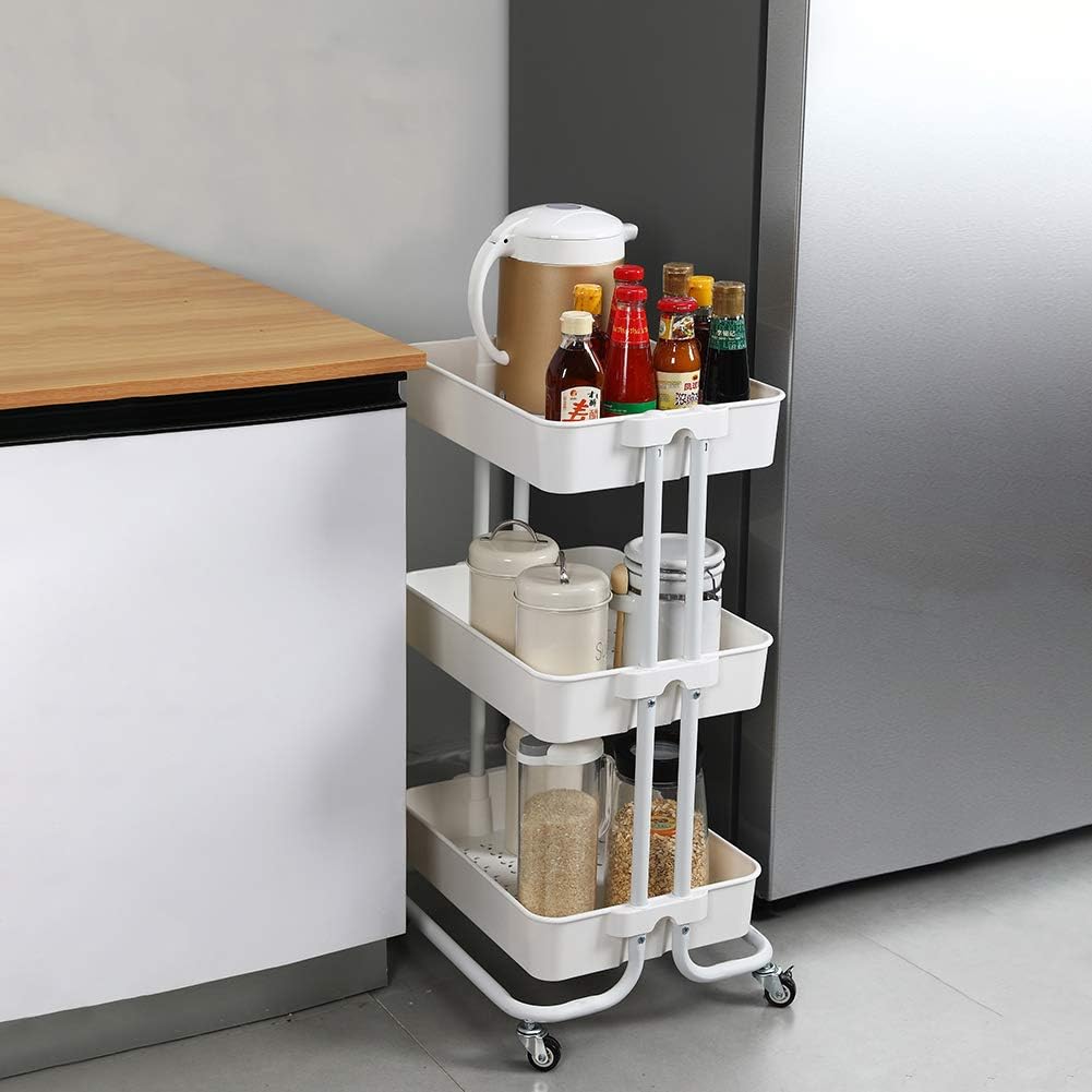 Coideal 3 Tier Rolling Utility Cart Trolley Storage Shelves Multifunction Service Cart with Mesh Basket Handle and Lockable Wheels for Bathroom Kitchen Office (White) : Office Products