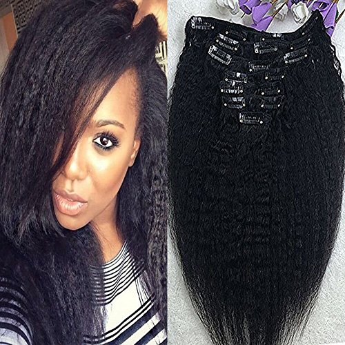 Full Shine 16" 7 Pcs 100g Kinky Straight Human Hair Extensions Clip In Hair Extensions Yaki Clip in Human Hair Black Color Remy Hair Clip in Hair Extensions For Black Women Natural Hair Extensions
