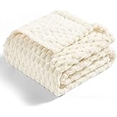 Vessia Flannel Fleece Throw Blanket(50x70 inch), 3D Jacquard Cream Fuzzy and Warm Blanket for Couch,Sofa,Bed,Chair, 300GSM Super Soft Touch Cozy Lightweight Throw for All-Season Home Decor