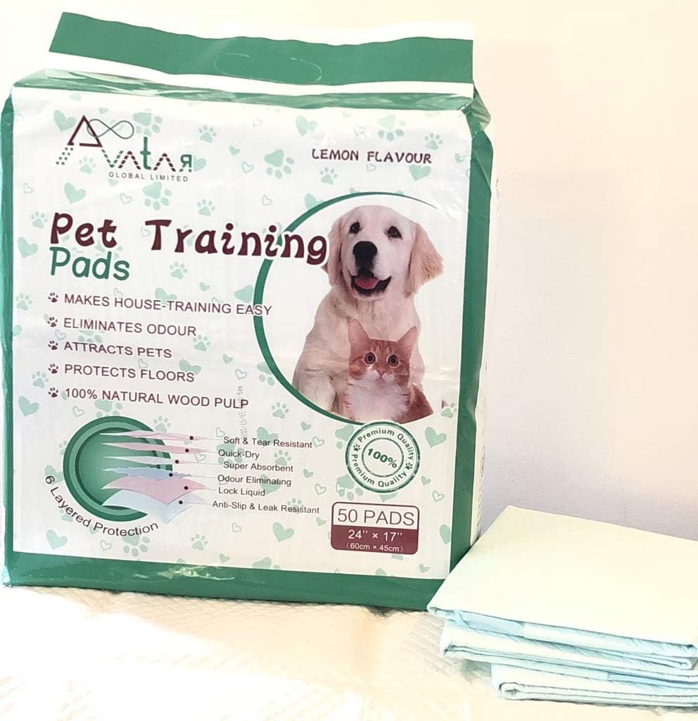 AGL Pet Training Pads 50 Pack - Premium Quality - 6 Layered Protection - 100% Natural Wood Pulp - Super Absorbent Polymer (SAP4g) - Eliminates Odour (Lemon Flavour)