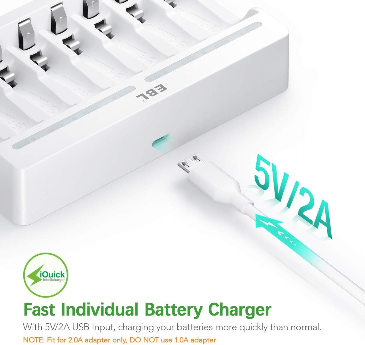 EBL Rechargeable AA Batteries 2800mAh 8 Pack and 8-Bay AA AAA Individual Rechargeable Battery Charger with 5V 2A USB Fast Charging Function: Home Audio & Theater
