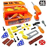 46 Piece Kids Toy Tool Set With Tool Box And Toy Power Tools - Kids Pretend Play Construction Tool Box, Workshop Accessories Toy Toolbox Set