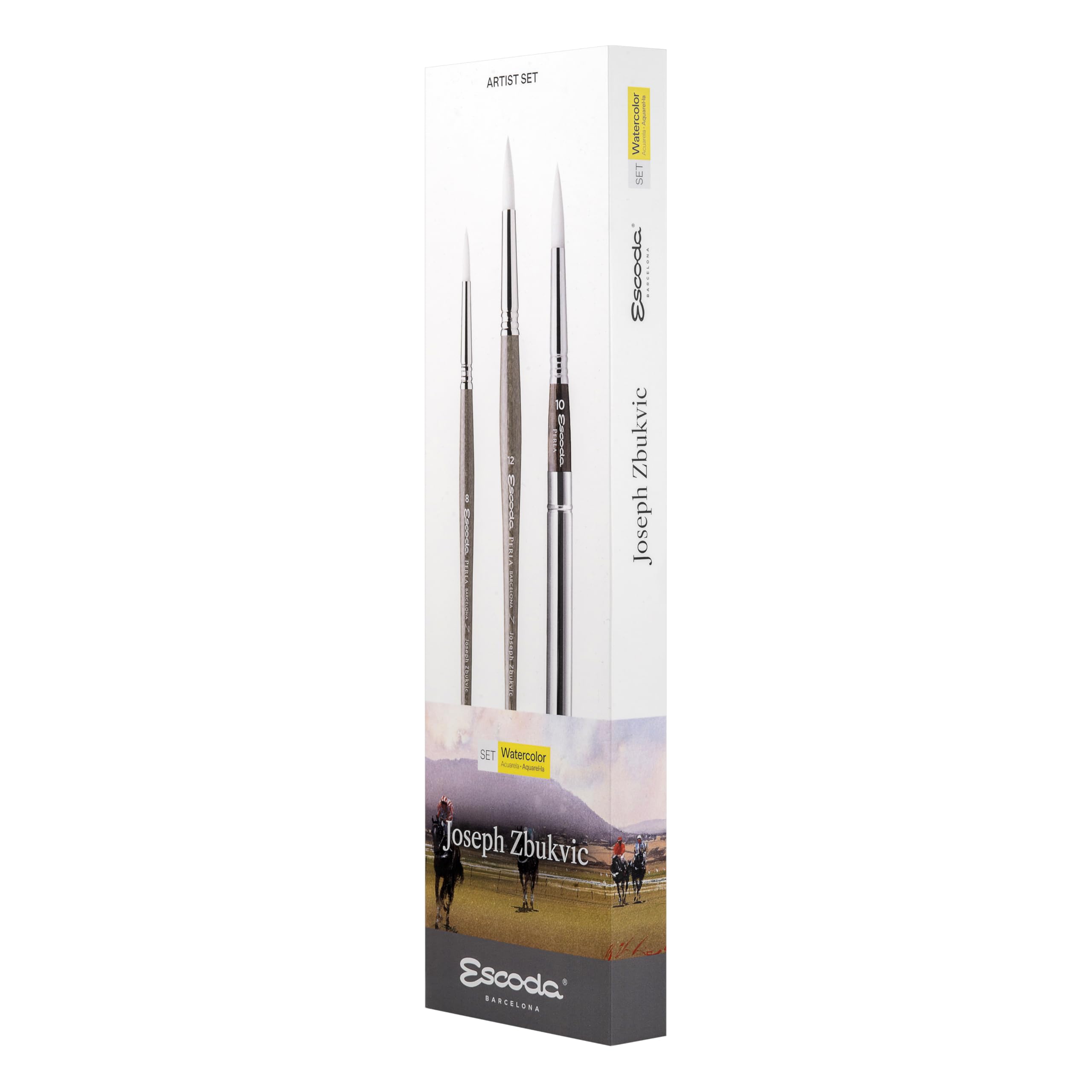 ESCODA Set 3 Watercolor Brushes - N.8,10,12 Round Pointed Synthetic Hair Set #1 Joseph Zbukvic Perla Series Professional Handmade in Barcelona
