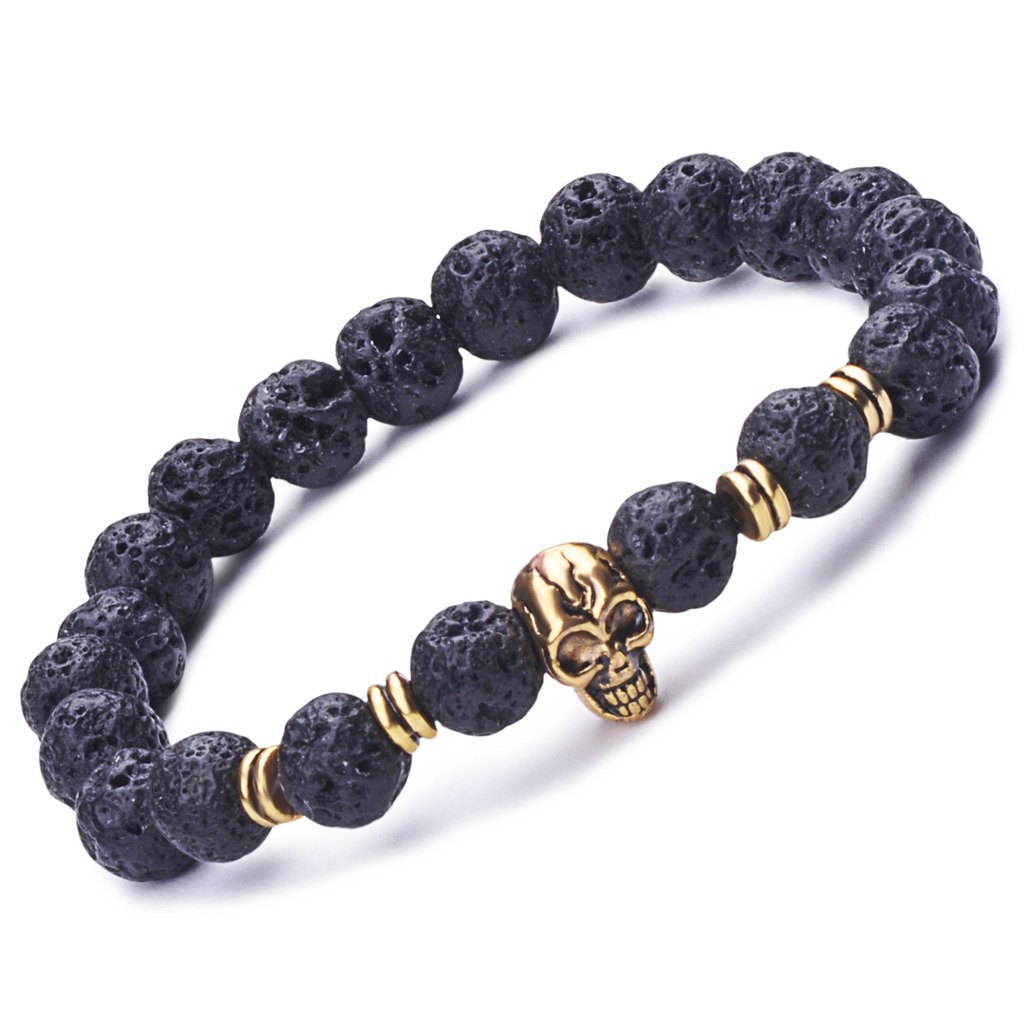 Infinite U Alloy Stretch Bracelet with Lava Stone Beads and Skull, Unisex, Therapeutic, Good for Yoga and Meditation, Black/Gold, 18cm, Rubber, Stone-Free, 18 cm, Rubber, without stone