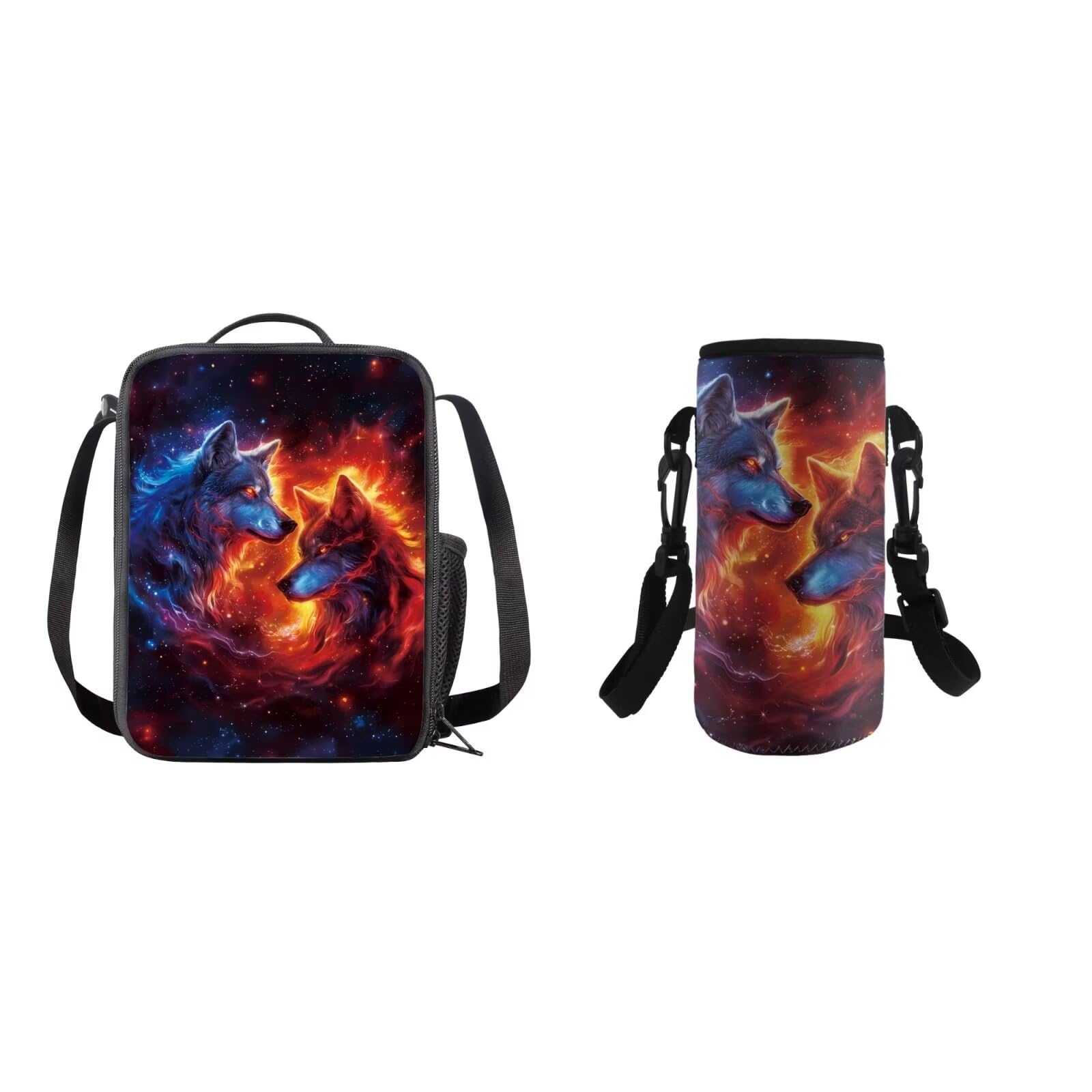 COEQINE Cool Wolf Lunch Box with Water Bottle Strap 2 Pieces Middle High School Galaxy Wolf Lunch Bag for School Kids Boys 8-12 Cool Fire Animal Insulated Lunch Container with Water Bottle Holder