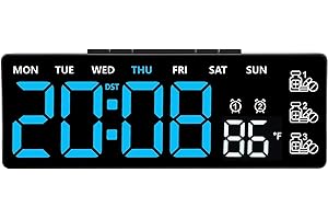 45MinST 8 Inch LED Digital Clock with Medication Reminder – Large Display with Time, Date, Day, Temperature, 3 Daily Reminders, Dual Alarm, Silent Electronic Clock for Home, Office, Bedroom(Blue)