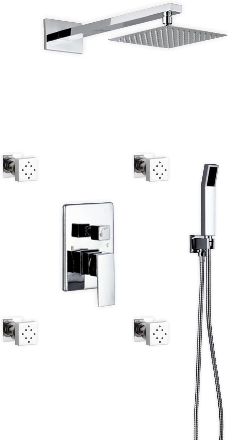 Aqua Piazza Brass Shower Set W/ 8″ Square Rain Shower, 4 Body Jets And Handheld
