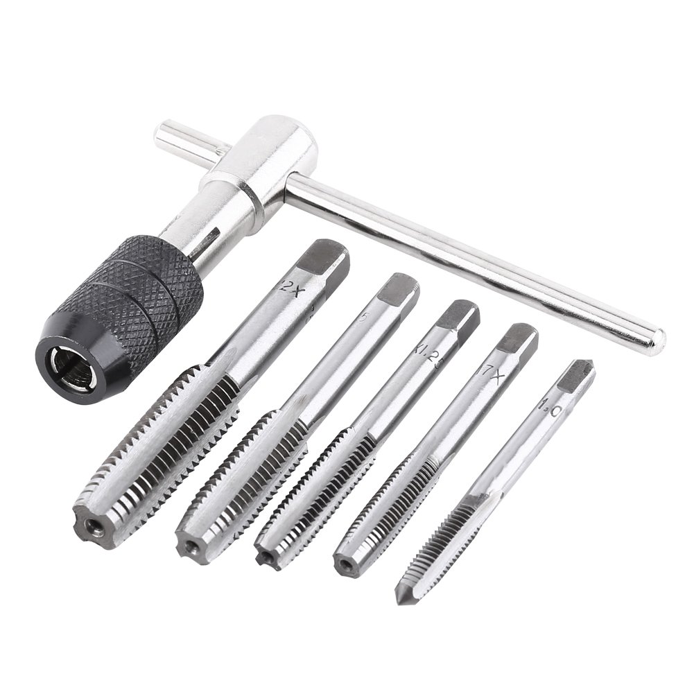 Uxsiya 6pcs Set Screw Tap and T Shaped Wrench Threading Tapping Hand Tool Kit, T-Handle Ratchet Tap Holder Wrench with 5pcs Taps