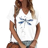 PUCKOLITY Vintage Flowers V Neck Shirt for Women Boho Floral Wildflowers Graphic Tee Casual Cottagecore Summer T Shirt