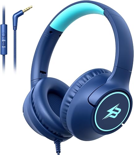 Kids Headphones Wired for School, 3.5mm Safe Volume Limited with Mic, Navy | Plug in Kid headphones with Cord, Over Ear Foldable, 85/94dB for Toddler Boy Girl Classroom Chromebook Tablet Airplane Travel