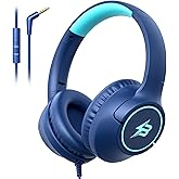 Kids Headphones Wired for School, 85/94dB Volume Limit, Wired Over Ear Headphones for Kids Boys Girls with Microphone, Stereo Sound 3.5mm Cord for Kindle Tablet Airplane Travel, Navy Blue