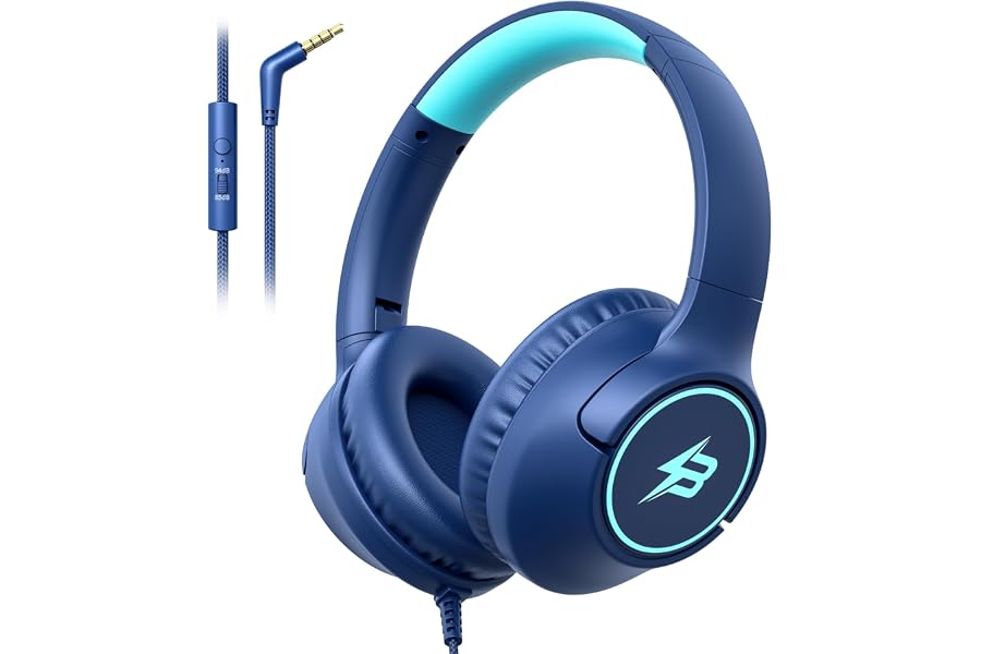 Kids Headphones Wired for School, 3.5mm Safe Volume Limited with Mic, Navy | Plug in Kid headphones with Cord, Over Ear Folda