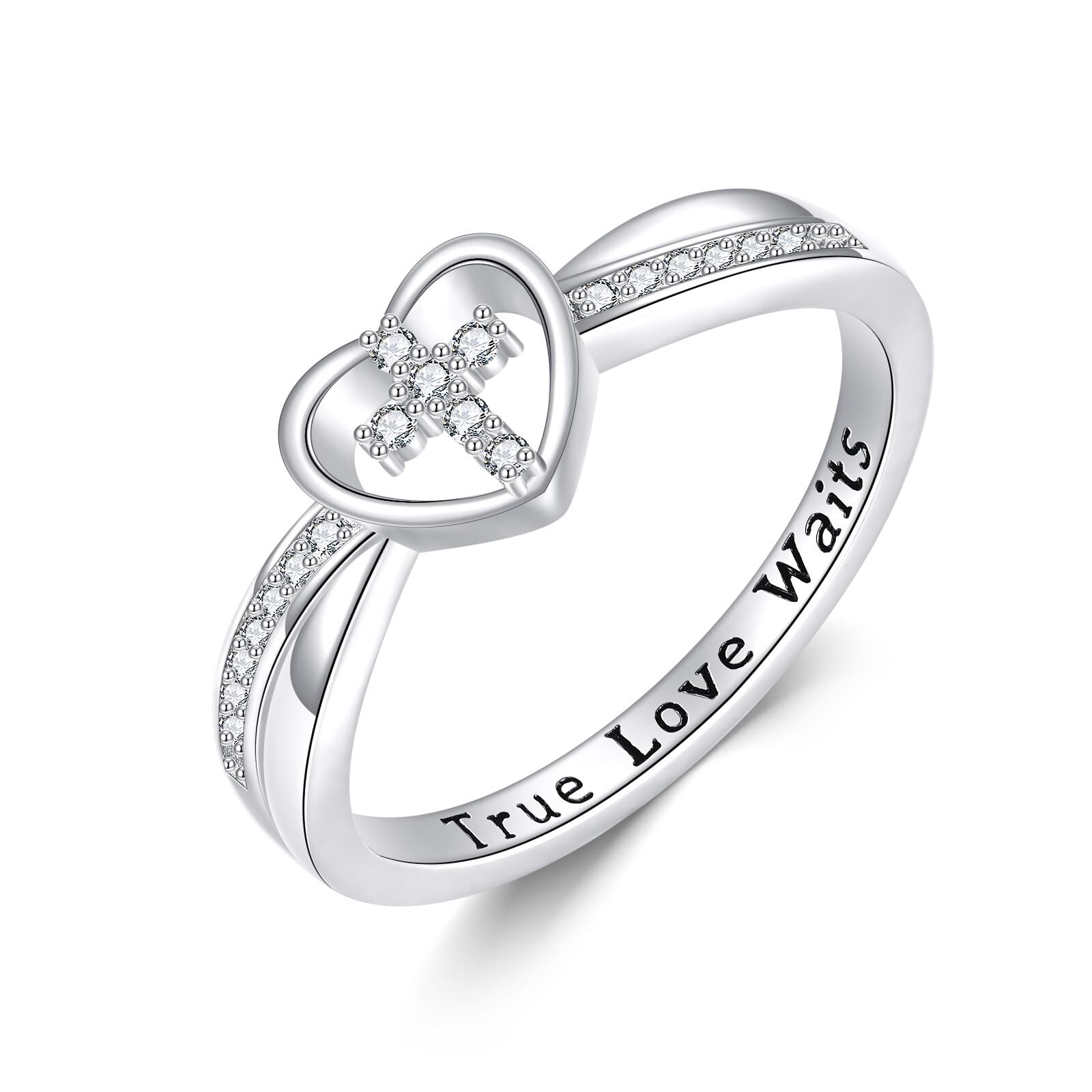HUKKUN Purity Ring Sterling Silver Heart Cross Ring