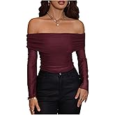 BEAUDRM Women's Off The Shoulder Tops Y2k Mesh Ruched Foldover Fall Tops Going Out Crop Tee