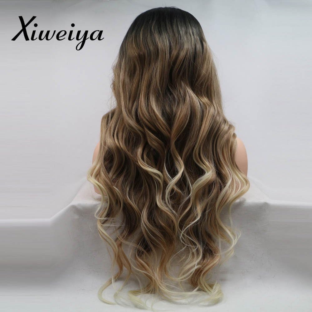 Xiweiya Long Black Curly Wig Ombre Brown with Blonde Tips Synthetic Lace Front Free Part 3 Tones Color Hair Replacement Wig for Women & Drag Queen Cosplay 24" - Image 4