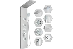 FUZMONOERE Fuz LED Shower Panel Tower System with Rainfall Waterfall Shower, Brushed Nickel Shower Tower with Jets and Rainfall and Handheld, 5 in 1 Stainless Steel Shower Column High Pressure with Tub Spout