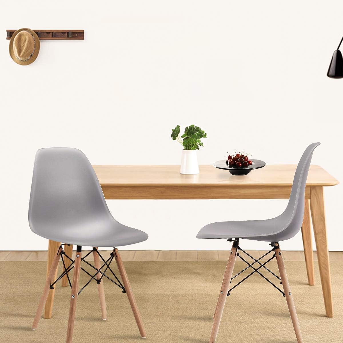 CangLong Modern Mid-Century Shell Lounge Plastic DSW Natural Wooden Legs for Kitchen, Dining, Bedroom, Living Room Side Chairs, Set of 2, Grey - Chairs