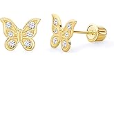 14k REAL Yellow Gold Butterfly Stud Earrings with Screw Back