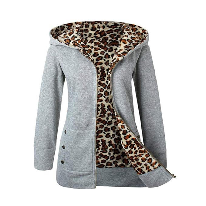 Zulmaliu Womens Zip Up Hoodie, Zipper Fleece Jacket Leopard Print Inside Casual Sweatshirt Coat