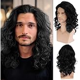 Beweig Long Curly Wavy Black Wig for Men Synthetic Halloween Costume Party Wig for Male