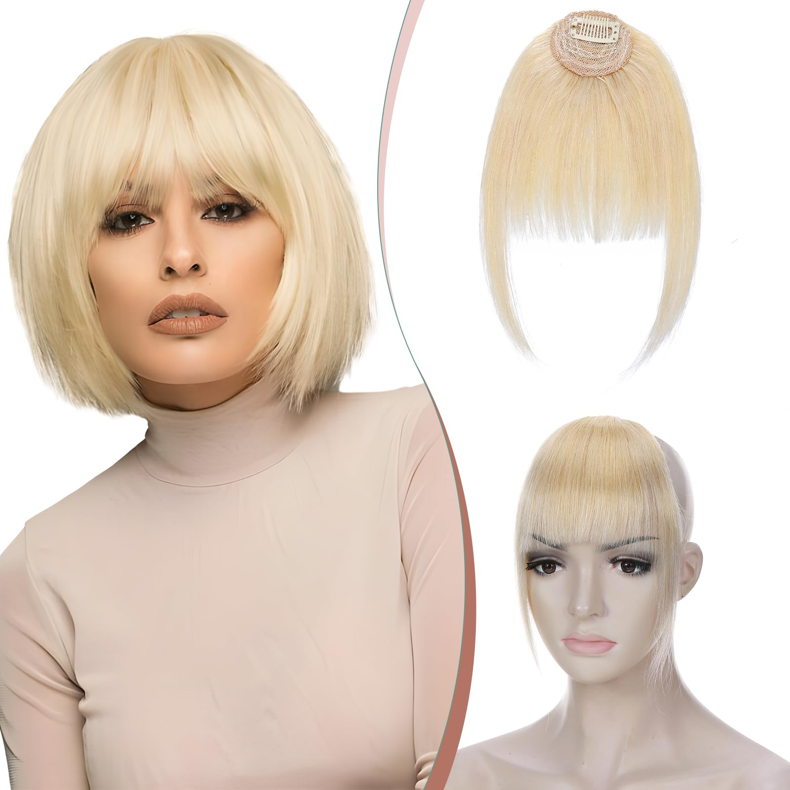 Elailite Neat Bangs Clip in Fringe with Temples Real Human Hair Extensions Natural Clip on Hair Piece For Women - #613 Bleach Blonde — image 1