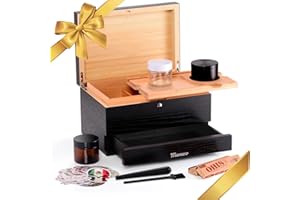 MARVERO Bamboo Stash Kit, Storage Box, Bamboo Box with Rolling Tray - Decorative Box with Lock - Decorative Box for Herbs, Stash - Bamboo Box Smell Proof - Removable Tray with Glass Jar and Grid (Black)