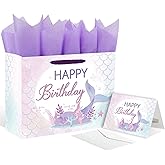 Mermaid Gift Bag for Girls Birthday - Large Happy Birthday Gift Bags with Card, Envelope & 3 Purple Tissue Papers - Ocean Themed Party Favors, Under The Sea Wrapping Supplies for Kids, Women
