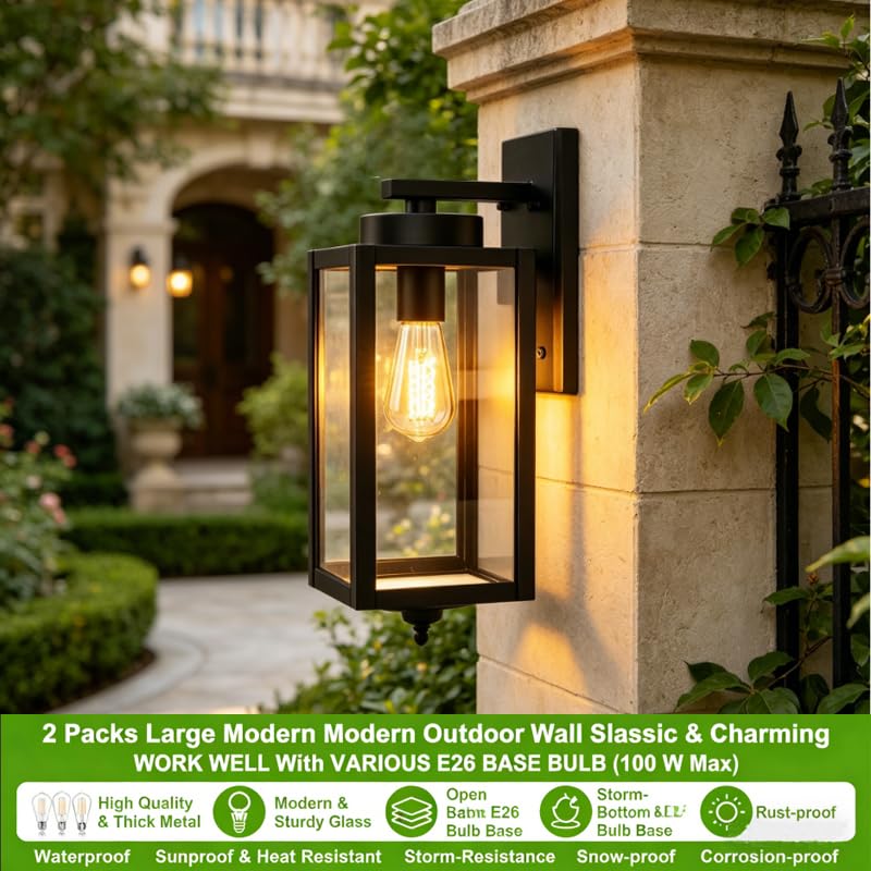 XZM Waterproof Outdoor Wall Light Fixture 2 Pack, Black Exterior Porch Light Wall Sconce with Clear Glass, Anti-Rust Weatherproof E27 Base for House Front Door Patio Garage Garden (2 Pack)