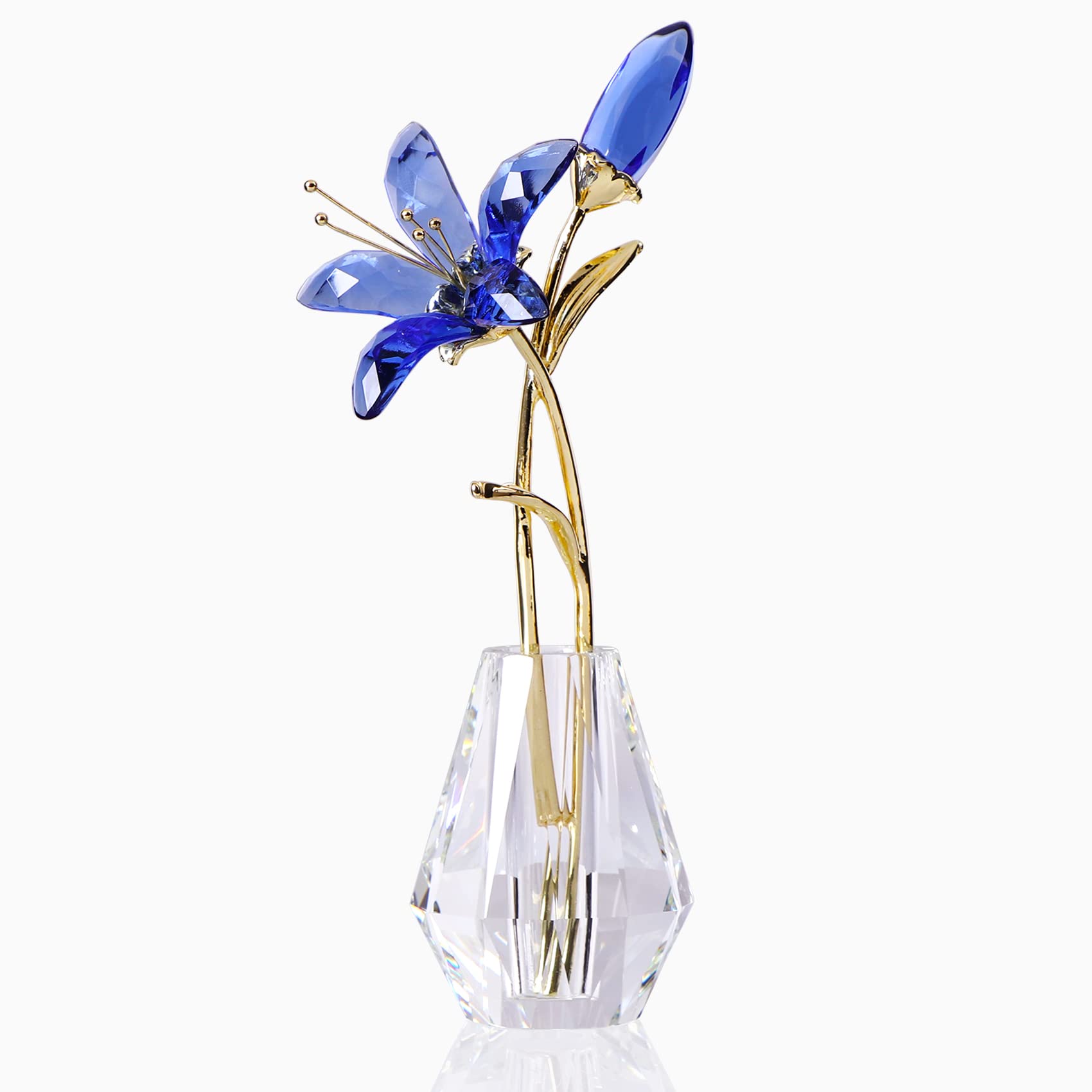 Crystal Floral Figurine Lily Flower Collectible Gifts for Women, Glass Lilium with Crystal Vase Metal Stem for Home Wedding Party Decor (Blue) — image 1