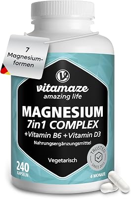 Vitamaze Magnesium Komplex 400mg, 7 Formen + Vitamin B6 und D3, Bisglycinat, Citrat, Malat, Oxid, Lactat, Ascorbat, Taurat, 4 Monate, Made in Germany