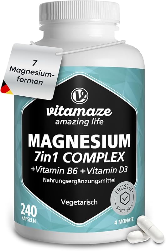 Vitamaze Magnesium Komplex 400mg, 7 Formen + Vitamin B6 und D3, Bisglycinat, Citrat, Malat, Oxid, Lactat, Ascorbat, Taurat, 4 Monate, Made in Germany