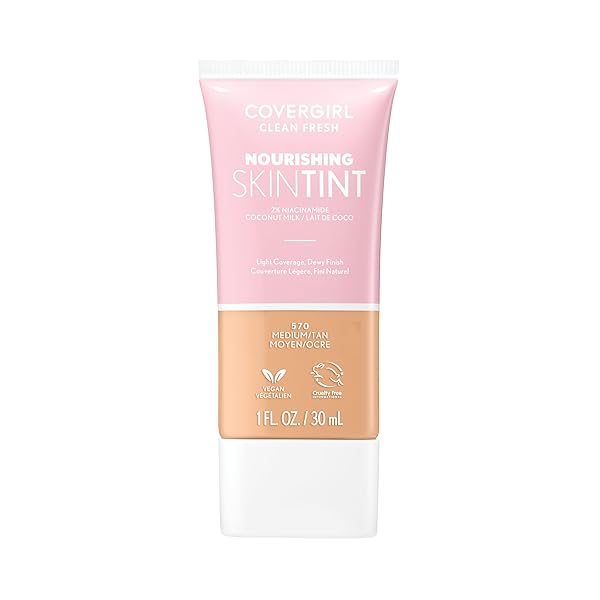 COVERGIRL CLEAN FRESH NOURISHING SKIN TINT, 570 MEDIUM/TAN, LIQUID FOUNDATION, DEWY FINISH, INFUSED WITH COCONUT & ALOE, VEGAN FORMULA