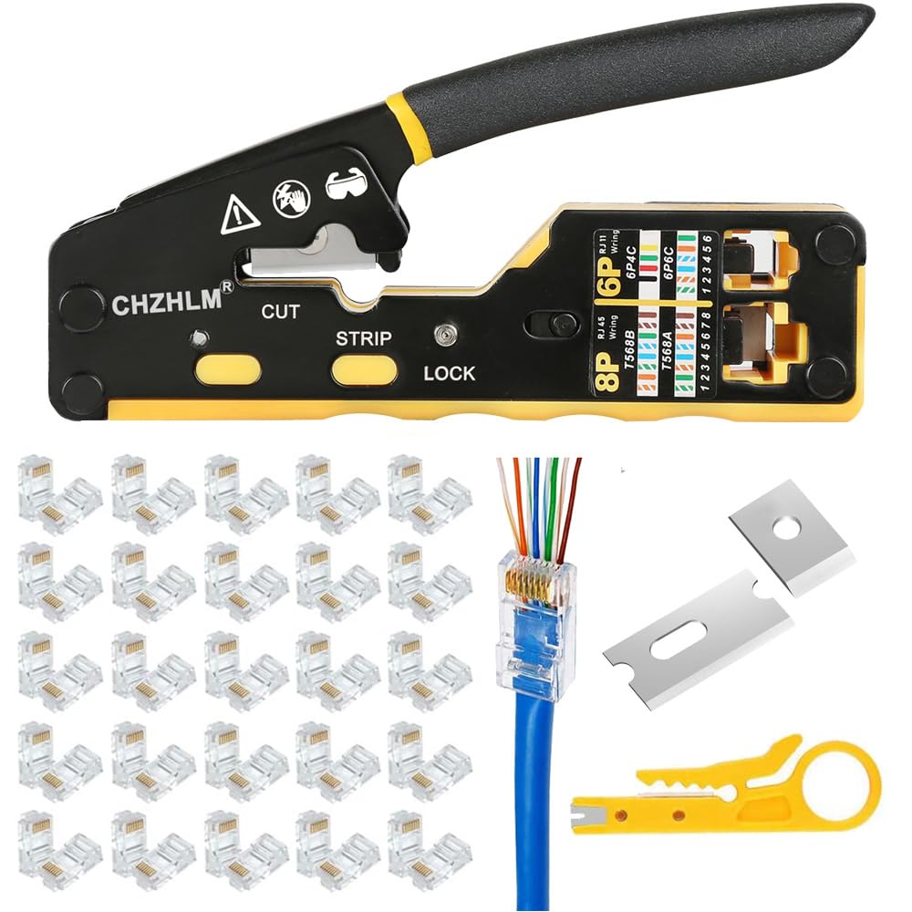RJ45 Crimping Tool Pass Through Ethernet Crimper for Cat6 Cat5 Cat5e RJ45 Pass Through Connectors and RJ12 Ends with 50PCS RJ45 Cat6 Connectors Mini Yellow Stripper and Blades