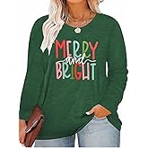 Plus Size Christmas Shirt Women Merry and Bright Christmas T Shirt Xmas Holiday Long Sleeve Fall Tops 2X-5X
