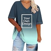 Plus Size Women Custom T Shirt Loose Short Sleeve V Neck Personalized Gradient Shirt Summer Pullover