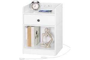 HOOBRO Nightstand with Charging Station, Wooden End Table with Drawer and Opening Shelf, Side Table with USB Ports and Outlet