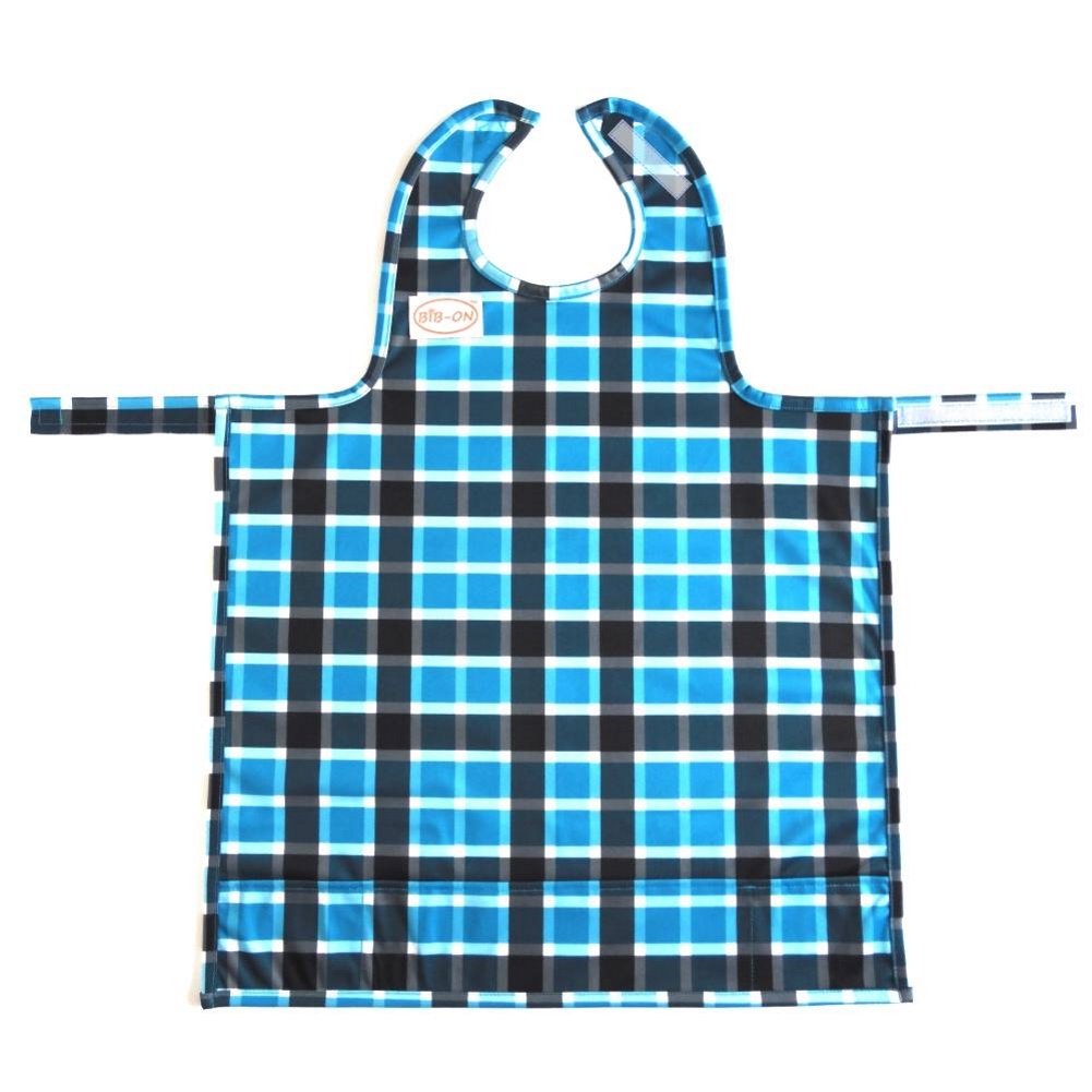 BIB-ON, A New, Full-Coverage Bib and Apron Combination for Infant, Baby, Toddler Ages 0-4. (Blue Plaid)